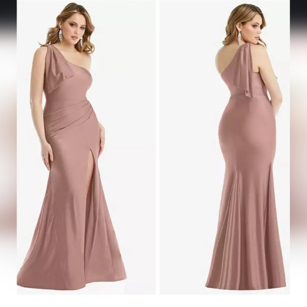 NWT Cynthia & Sahar one shoulder satin bow mermaid gown
